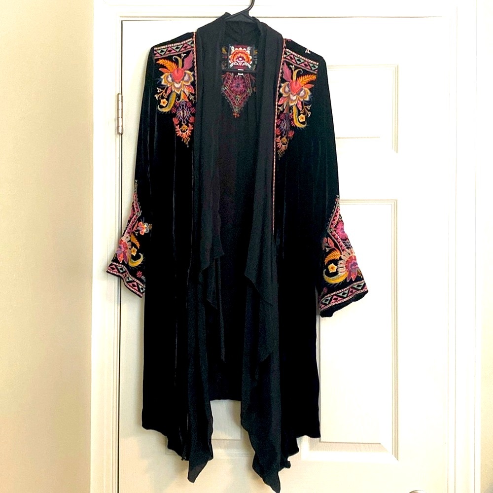 Johnny Was Velvet Embroidered Kimono Duster
